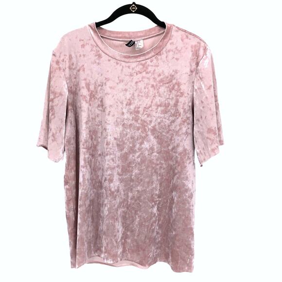 Divided H&M Crushed Velvet Velour T Shirt Womens S Pink Raw Hem Oversized Tee - Picture 1 of 6